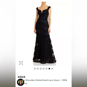 Aqua off the shoulder embellished lace gown - navy/black